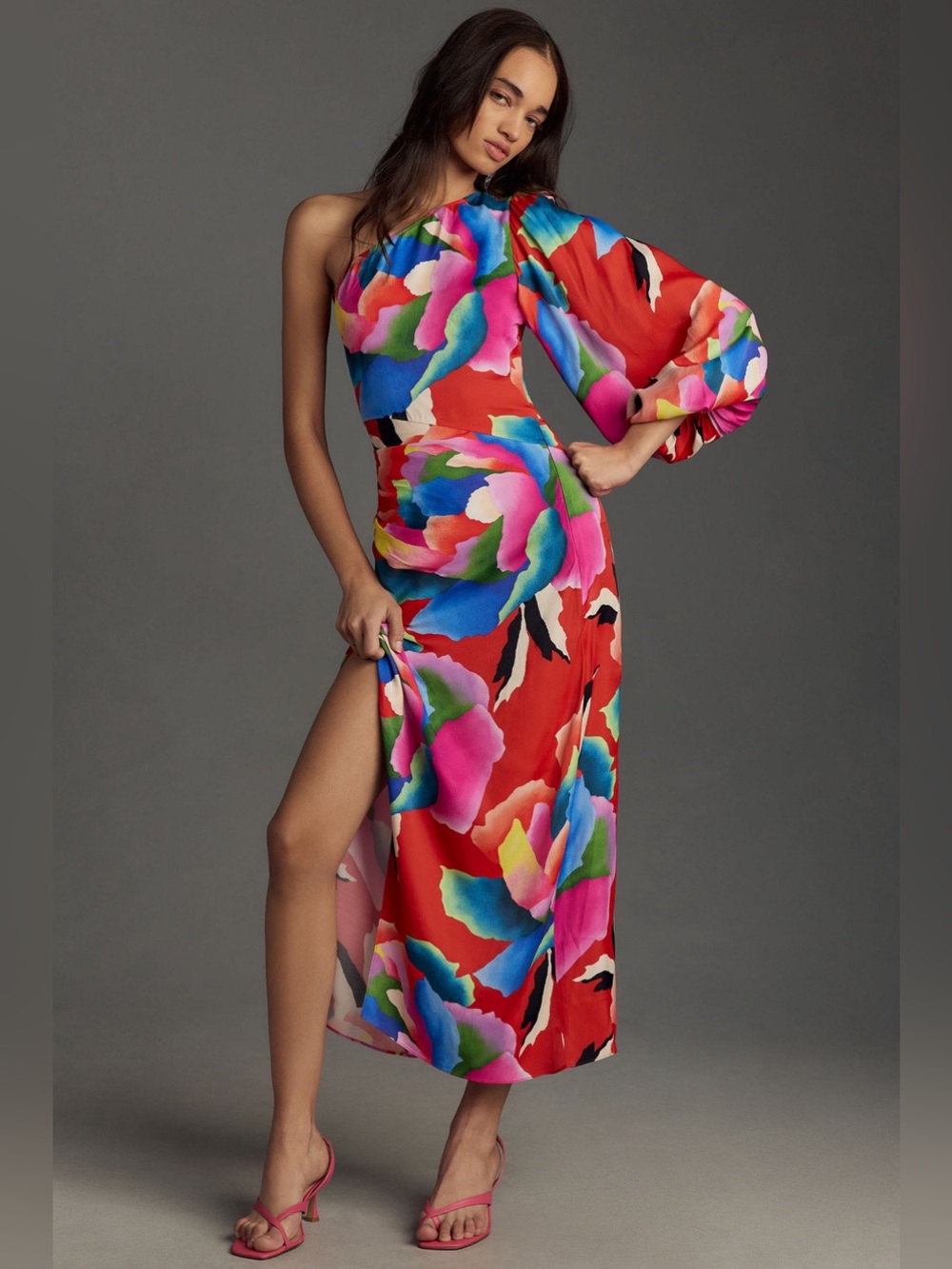 Farm Rio One Shoulder Dress Red Floral Anthropologie Tropical - M